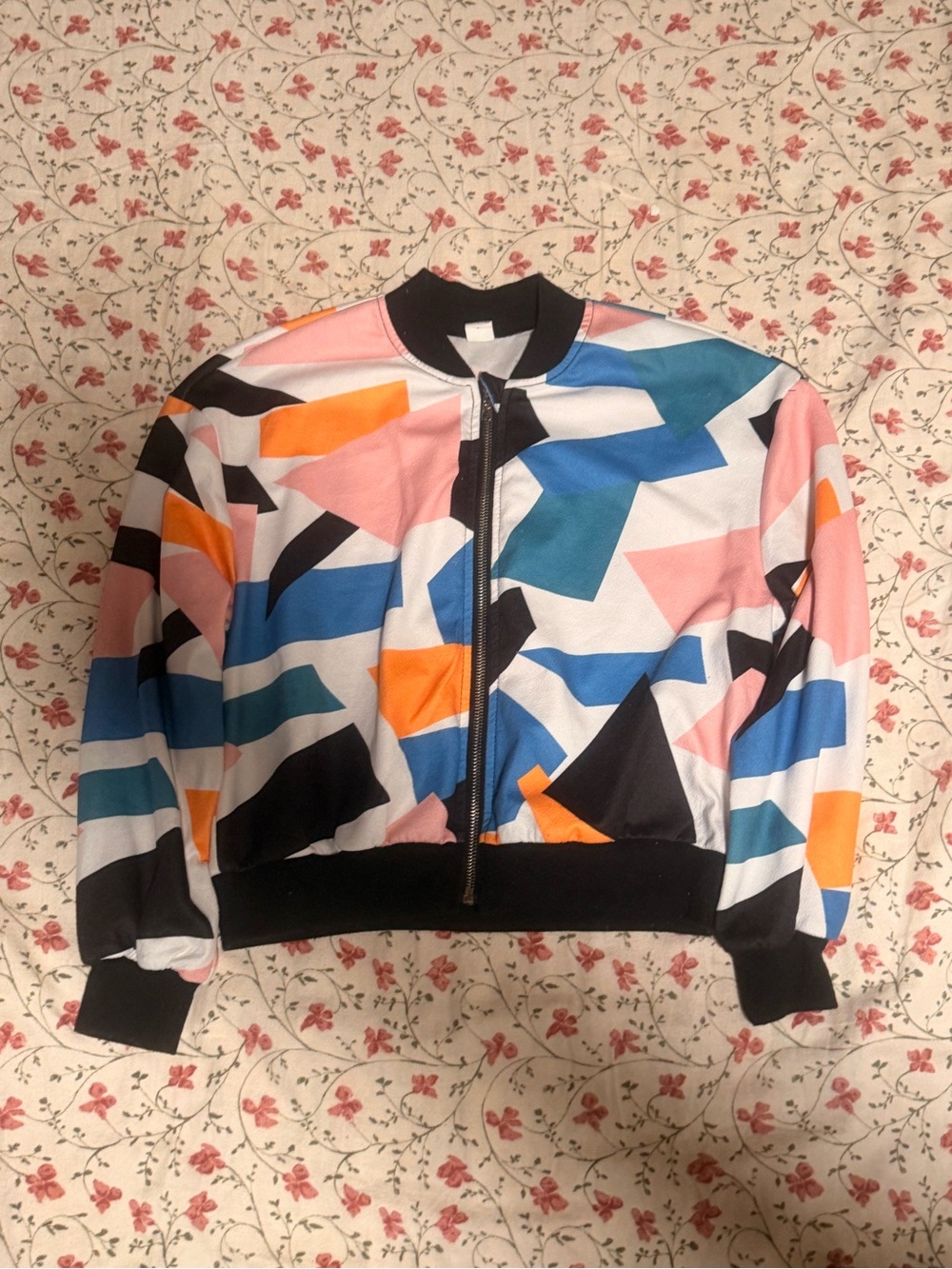 SHEIN Multicolor Geometric Colorblock Bomber Jacket